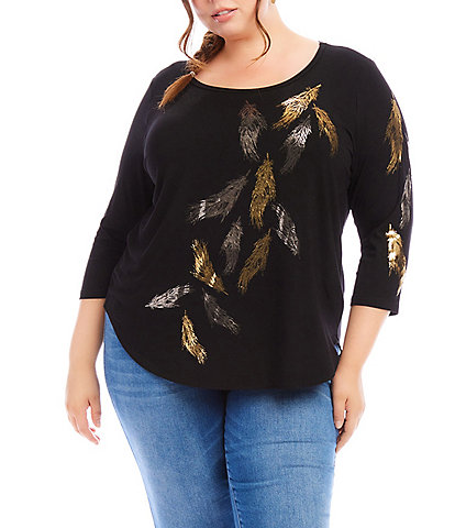 Karen Kane Plus Size Stretch Metallic Foil Print Crew Neck 3/4 Sleeve Top