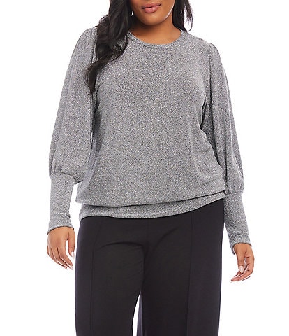 Karen Kane Plus Size Stretch Metallic Knit Crew Neck Long Bishop Sleeve Top