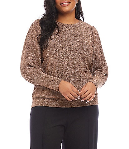 Karen Kane Plus Size Stretch Metallic Knit Crew Neck Long Bishop Sleeve Top