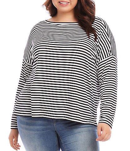 Karen Kane Plus Size Stripe Print Knit Boat Neck Drop Shoulder Long Sleeve Top