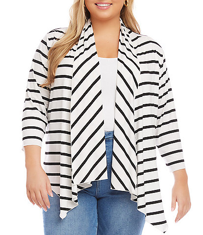 Karen Kane Plus Size Stripe Print Shawl Collar 3/4 Sleeve Asymmetrical Hem Open-Front Cardigan