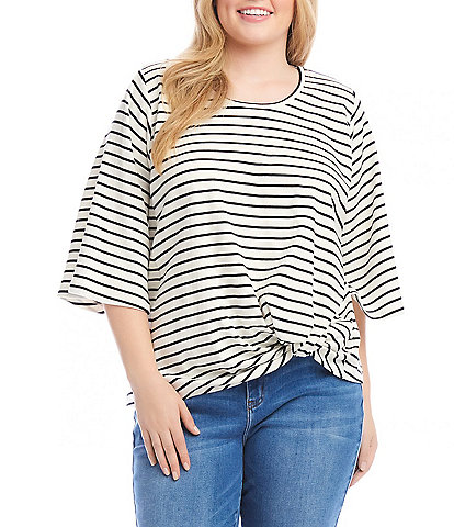 Karen Kane Plus Size Stripe Scoop Neck 3/4 Flare Sleeve Pick-Up Top
