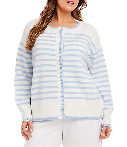Karen Kane Plus Size Striped Long Sleeve Button-Front Cardigan Sweater