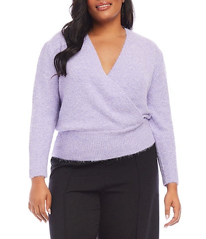 Karen Kane Plus Size Surplice V Neckline Long Sleeve Wool Blend Wrap Sweater