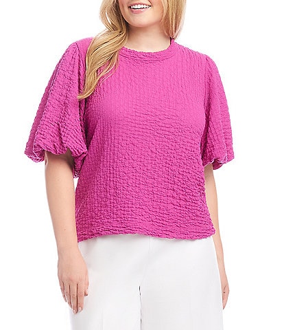 Karen Kane Plus Size Textured Knit Crew Neck Short Puff Sleeve Top