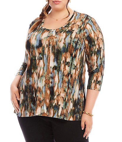 Karen Kane Plus Size Tie-Dye Print Scoop Neck 3/4 Sleeve Side Slit Top