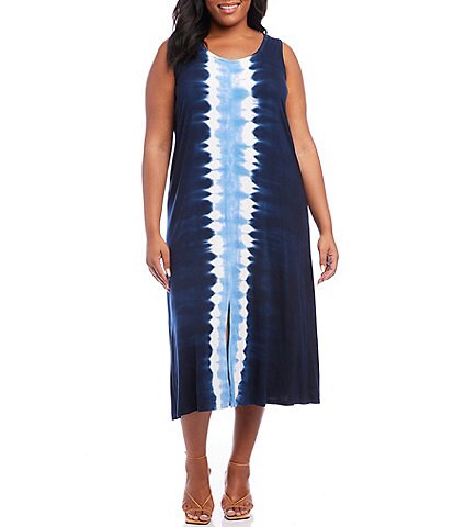 Karen Kane Plus Size Tie-Dye Scoop Neck Sleeveless Slit Front Midi Dress
