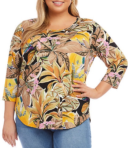 Karen Kane Plus Size Tropical Floral Print Knit Scoop Neck 3/4 Sleeve Shirttail Hem Top
