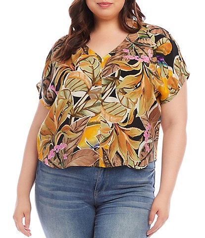 Karen Kane Plus Size Tropical Print Woven V-Neck Short Dolman Sleeve Top