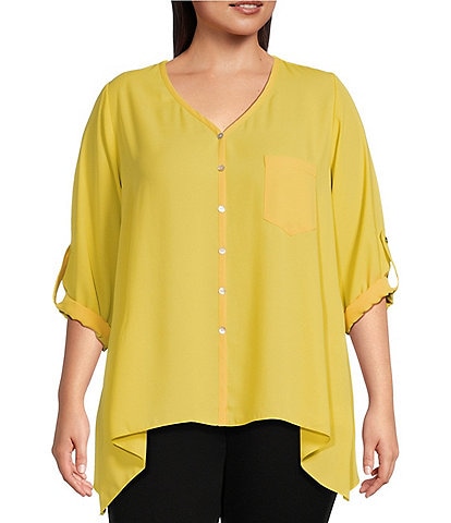 Karen Kane Plus Size V-Neck 3/4 Roll Up Sleeve Chest Pocket Asymmetrical Hem Button Up Blouse