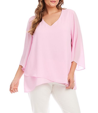 Plus Size V-Neck 3/4 Sleeve Crossover Hem Silky Crepe Top
