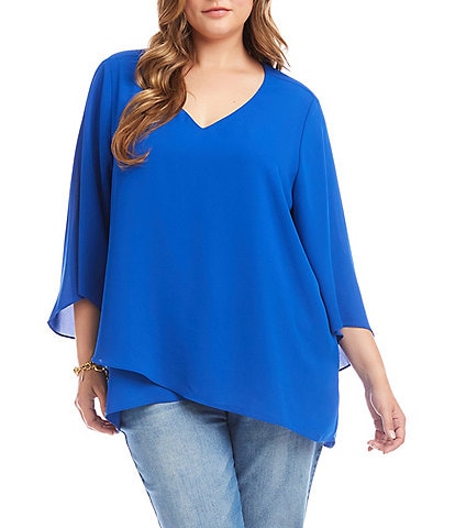 Karen Kane Plus Size V-Neck 3/4 Sleeve Crossover Hem Silky Crepe Top