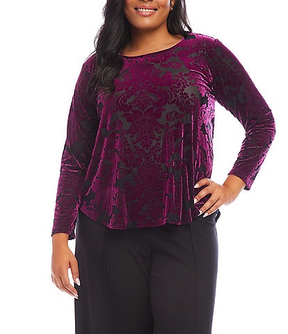 Karen Kane Plus Size Velvet Burnout Boat Neck Long Sleeve Shirttail Hem Top