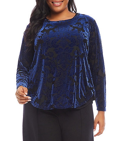 Karen Kane Plus Size Velvet Burnout Boat Neck Long Sleeve Shirttail Hem Top