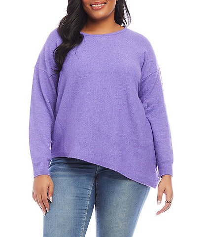Karen Kane Plus Size Wool Blend Crew Neckline Long Sleeve Asymmetrical Hemline Sweater