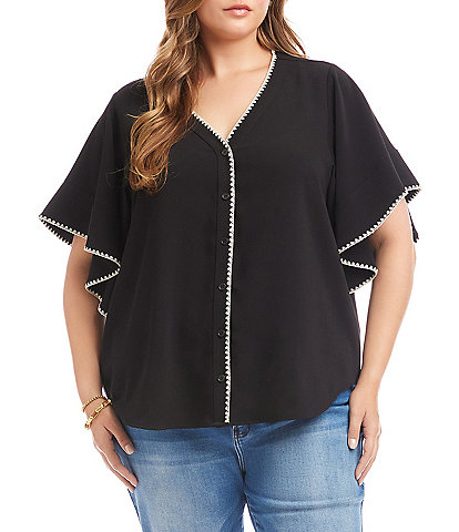 Karen Kane Plus Size Woven V-Neck Short Flutter Sleeve Relaxed Button Front Top