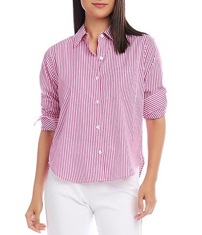Karen Kane Point Collar 3/4 Ruched Sleeve Button Front Shirt