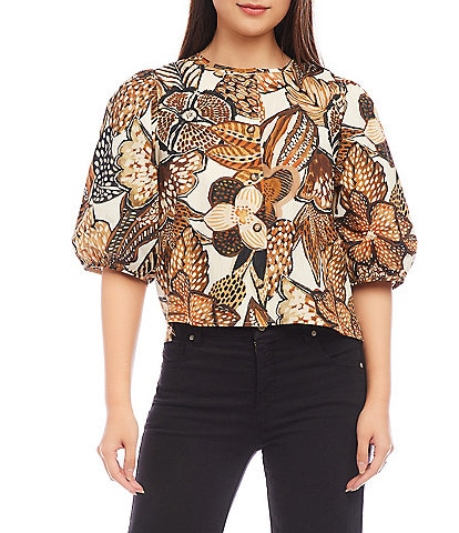 Karen Kane Printed Crew Neckline Short Puff Sleeve Top