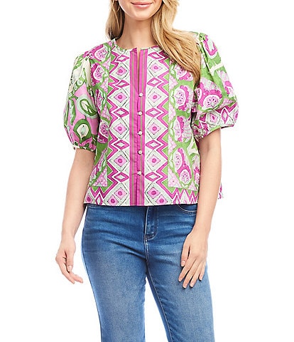 Karen Kane Printed Woven Split Round Neck Short Puff Sleeve Button-Front Shirt