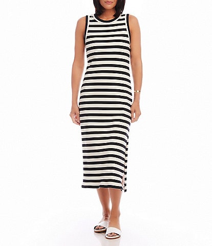 Karen Kane Rib Knit Stripe Print Scoop Neck Sleeveless Shift Midi Dress