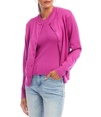 Karen Kane Ribbed Crew Neck Long Sleeve Button Front Cardigan