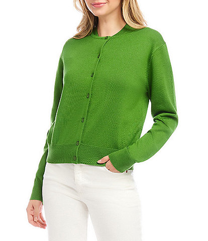 Karen Kane Ribbed Crew Neck Long Sleeve Button Front Cardigan