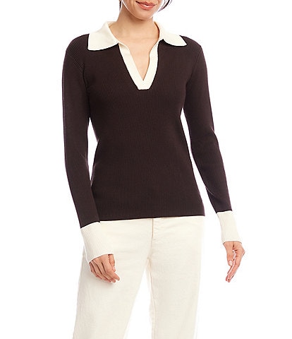 Karen Kane Ribbed Polo V-Neck Point Collar Long Sleeve Top