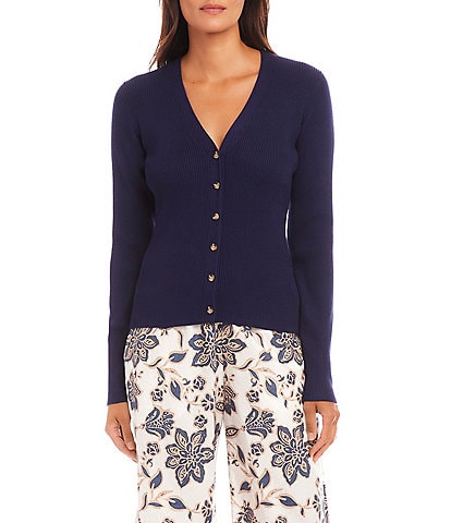 Karen Kane Ribbed V-Neck Long Sleeve Cardigan Sweater