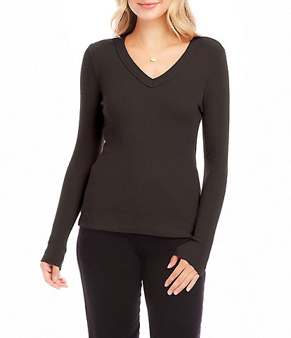 Karen Kane Ribbed V-Neck Long Sleeve Top