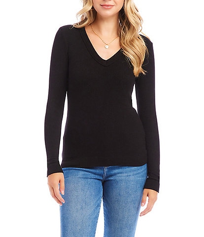 Karen Kane Ribbed V-Neck Long Sleeve Top