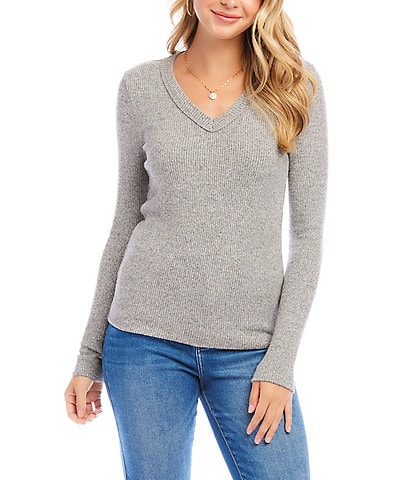 Karen Kane Ribbed V-Neck Long Sleeve Top