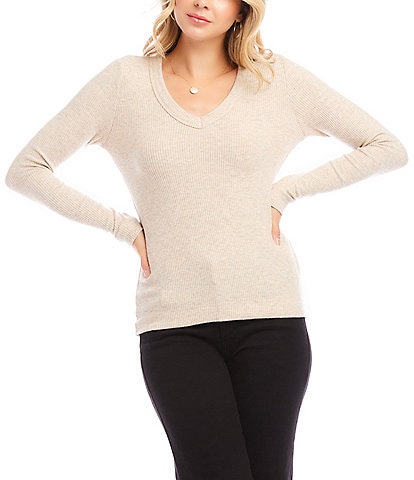 Karen Kane Ribbed V-Neck Long Sleeve Top