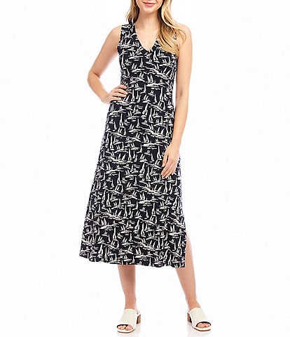 Karen Kane Sailboat Print V-Neck Sleeveless Midi Dress