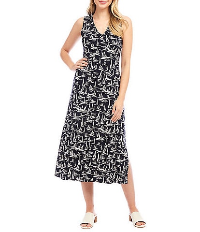 Karen Kane Sailboat Print V-Neck Sleeveless Midi Dress