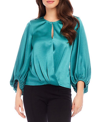 Karen Kane Satin Keyhole Crossover 3/4 Sleeve Top