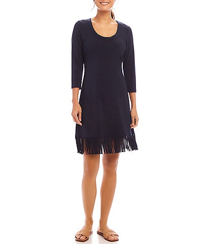 Karen Kane Scoop Neck 3/4 Sleeve Fringe Hem Dress