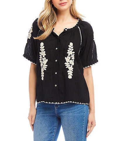 Karen Kane Scoop Neck Short Puff Sleeve Stitched Embroidery Peasant Button Front Top