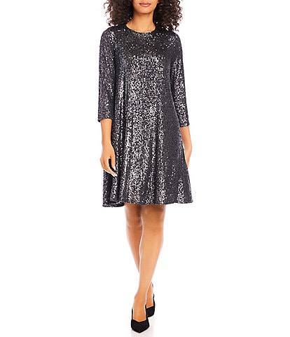 Karen Kane Sequin Crewneck 3/4 Sleeve Swing Dress