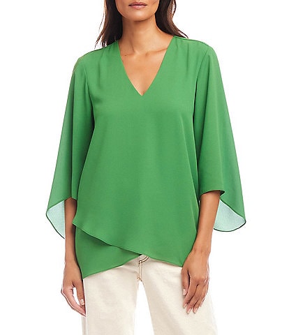 Karen Kane Silky Crepe V-Neck 3/4 Flare Sleeve Asymmetric Crossover Hem Top