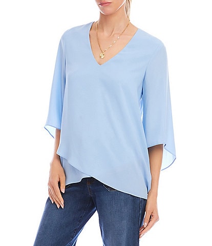 Karen Kane Silky Crepe V-Neck 3/4 Flare Sleeve Asymmetric Crossover Hem Top