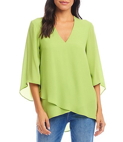 Karen Kane Silky Crepe V-Neck 3/4 Flare Sleeve Asymmetric Top