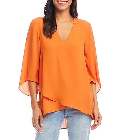 Karen Kane Silky Crepe V-Neck 3/4 Flare Sleeve Asymmetric Top