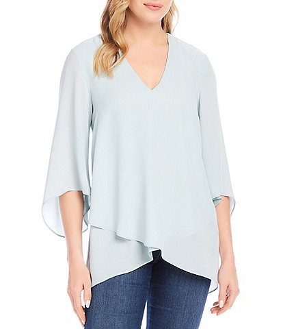 Karen Kane Silky Crepe V-Neck 3/4 Flare Sleeve Asymmetric Top