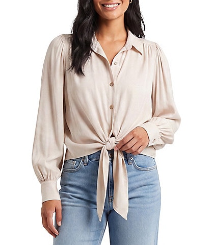 Karen Kane Soft Challis Point Collar Puff Sleeves Tie Front Top