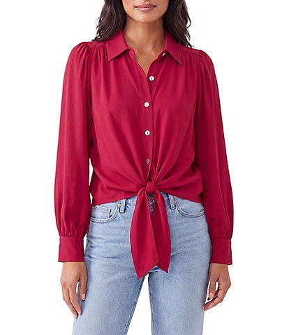 Karen Kane Soft Challis Point Collar Puff Sleeves Tie Front Top