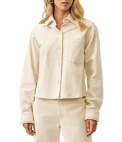Karen Kane Soft Corduroy Peal Embellish Point Collar Long Sleeves Button Front Coordinating Top