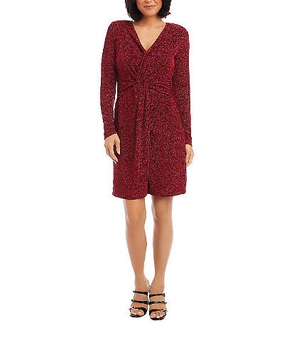 Karen Kane Soft Metallic Knit Surplice V-Neck Long Sleeve Front Twist Stretch Sheath Dress
