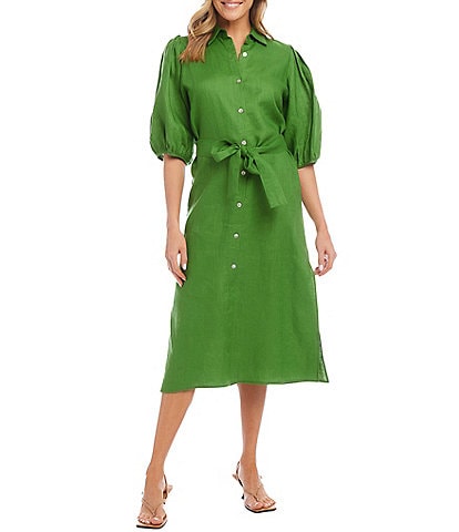 Karen Kane Soft Solid Linen Point Collar Short Puff Sleeve Belted Button Front Shirt Dress