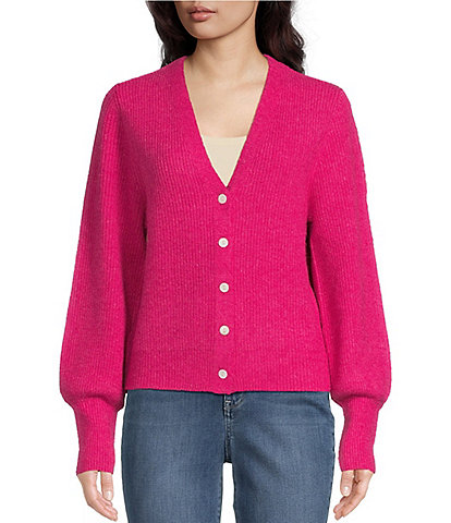 Karen Kane Soft Sweater Knit V-Neck Blouson Sleeve Button-Up Cardigan