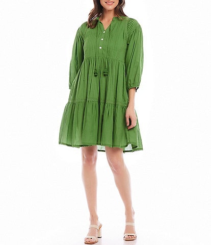 Karen Kane Solid Lace Trim Mandarin Collar Peasant Sleeve Tiered A-Line Dress